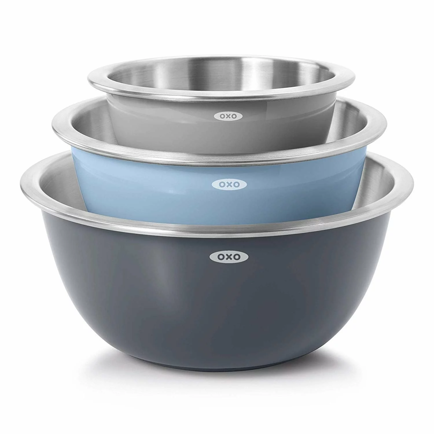 OXO 3-Piece Stainless Steel Mixing Bowl Set | Grey & Blue 3 OXO 3-Piece Stainless Steel Mixing Bowl Set | Grey & Blue