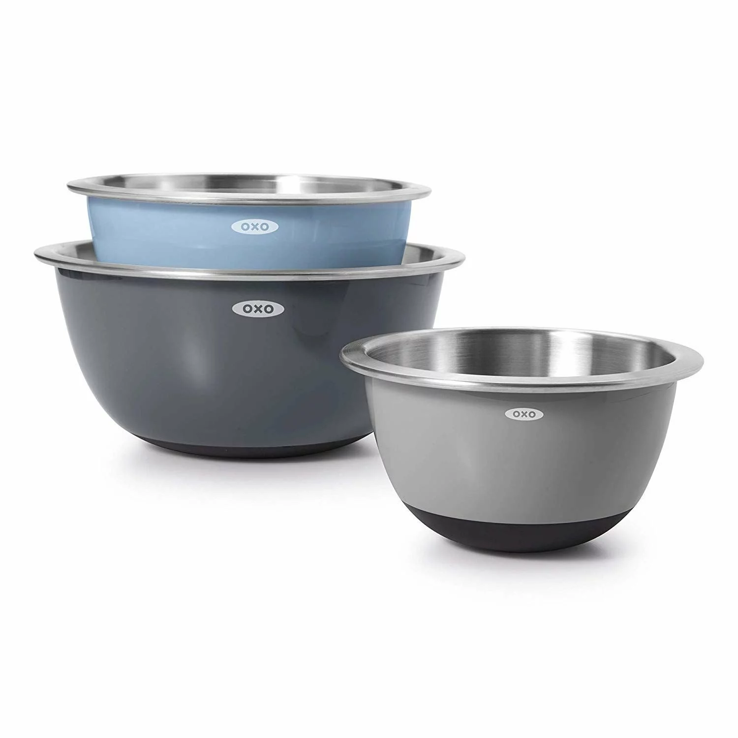 OXO 3-Piece Stainless Steel Mixing Bowl Set | Grey & Blue 4 OXO 3-Piece Stainless Steel Mixing Bowl Set | Grey & Blue - Image 2