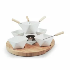 Swissmar Rubik 12-Piece Fondue Set | White With Wood Base