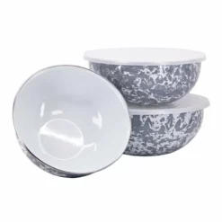 Golden Rabbit Enamelware Mixing Bowls With Lids - Set Of 3 | Grey Swirl