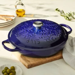 Le Creuset Olive Branch Collection 3.5 Qt. Signature Braiser | Indigo Blue -Food Prep Tools Shop rs16892 220511 lecreuset olivebranchbraiser sqret
