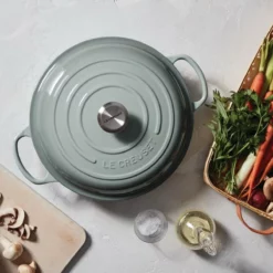 Le Creuset 3.5 Qt. Signature Enameled Cast Iron Braiser With Stainless Steel Knob | Sea Salt -Food Prep Tools Shop rs9191 spring 2019 seasaltbraiserhuman 0732 lpr